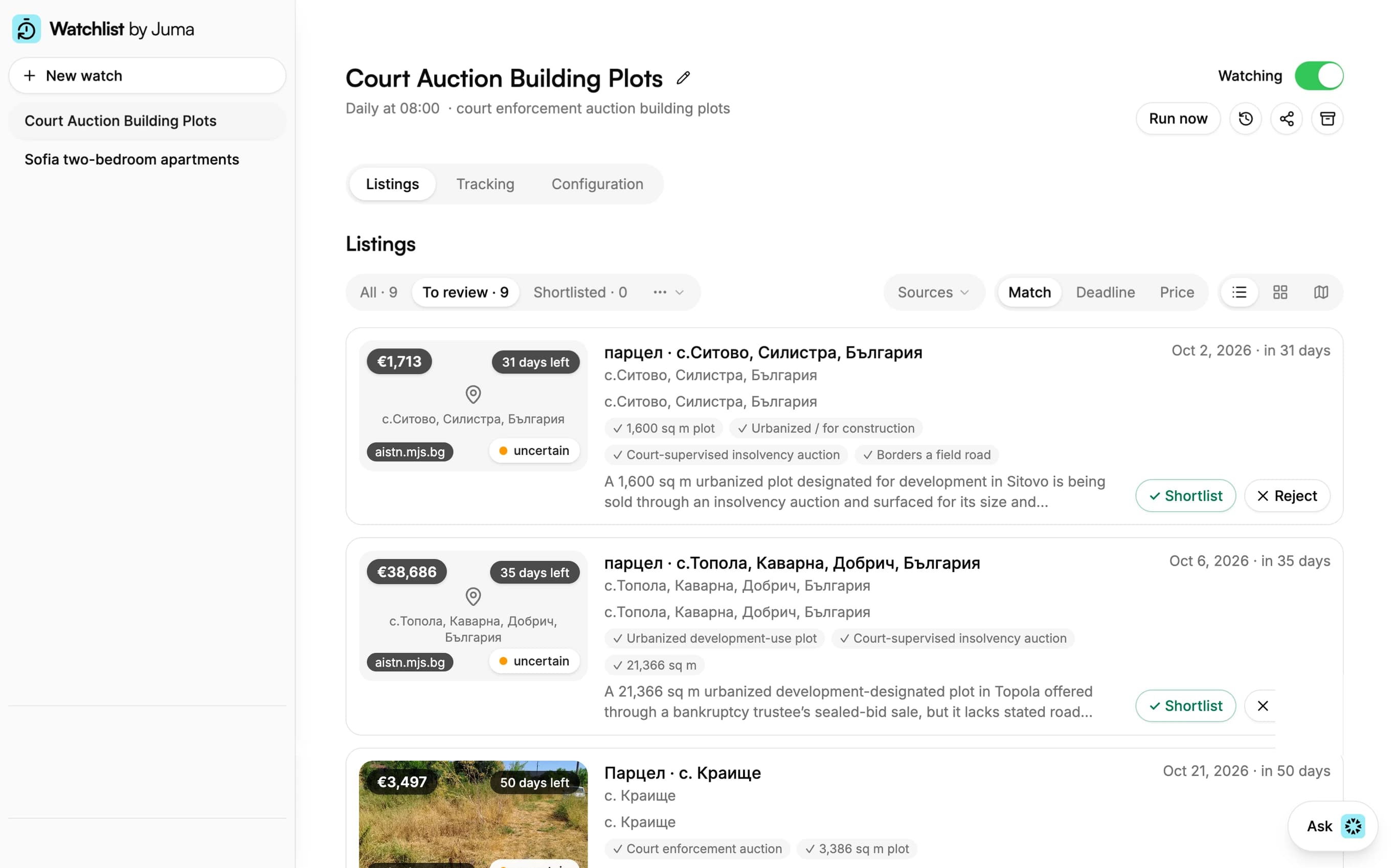 The Watchlist app: a watch named Court Auction Building Plots running daily at 08:00, its listings arriving already judged, each with the criteria it met, an auction deadline, and Shortlist and Reject actions.